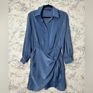 Zara Steel Blue Satin Wrap-Detail Long Sleeve Dress